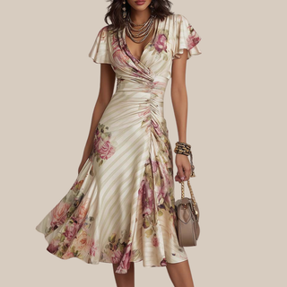 ALBA™ | Elegant Retro Satin Midi Dress with Floral Print