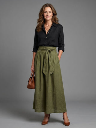 Vera | Two-Piece Set Black Blouse Olive Green Midi Skirt