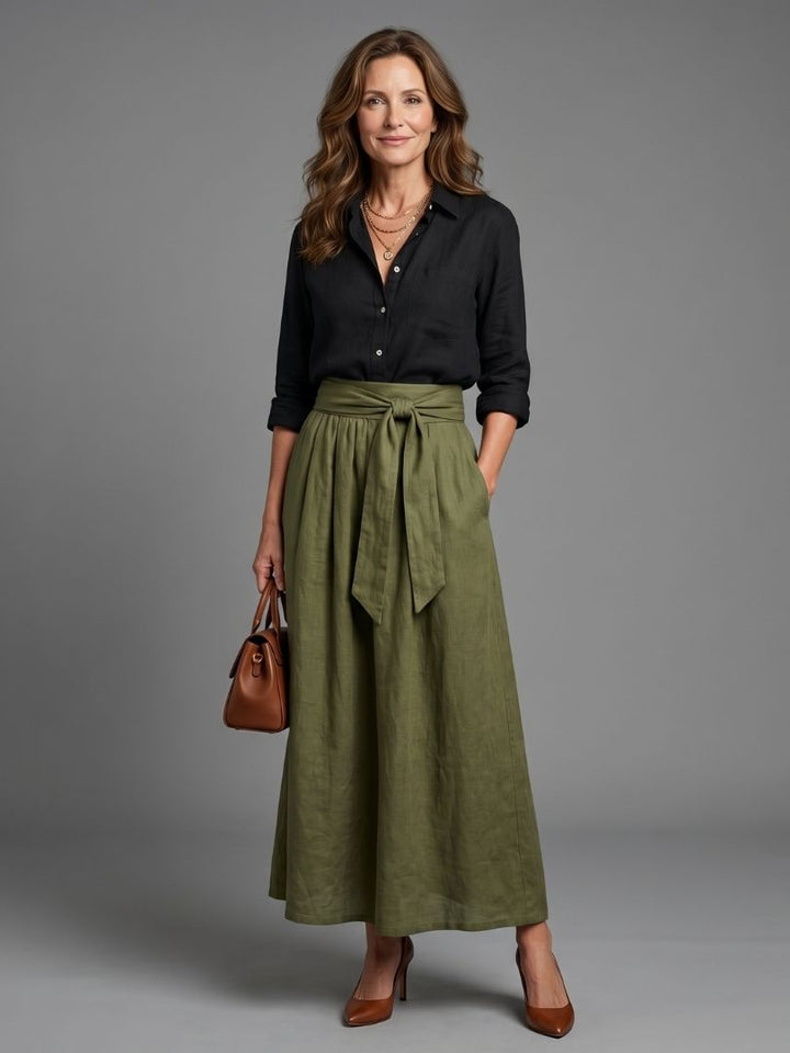 Vera | Two-Piece Set Black Blouse Olive Green Midi Skirt