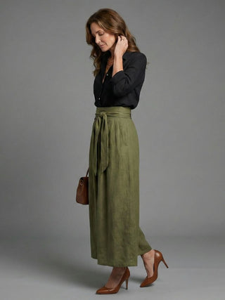 Vera | Two-Piece Set Black Blouse Olive Green Midi Skirt