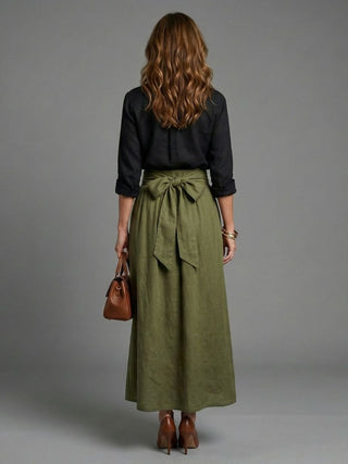 Vera | Two-Piece Set Black Blouse Olive Green Midi Skirt