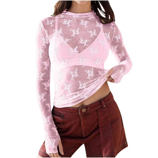 NOVY™ - Lace Mesh Long-Sleeve Fitted Blouse
