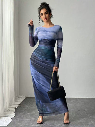 JULIA™ - Comfy Printed Long-Sleeve Round Neck Bodycon Maxi Dress
