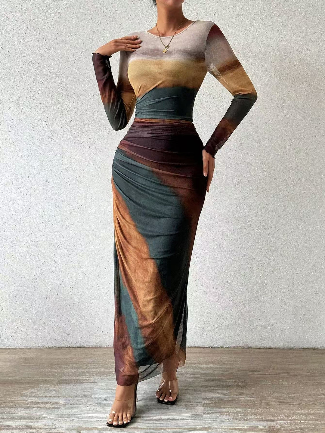 JULIA™ - Comfy Printed Long-Sleeve Round Neck Bodycon Maxi Dress