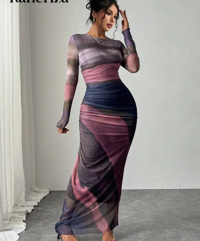 JULIA™ - Comfy Printed Long-Sleeve Round Neck Bodycon Maxi Dress