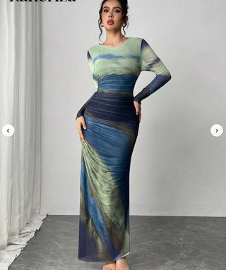 JULIA™ - Comfy Printed Long-Sleeve Round Neck Bodycon Maxi Dress