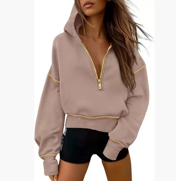 GRETEL™ - Cropped Hooded Pullover Sweatshirt with Zipper & Stitching Detail