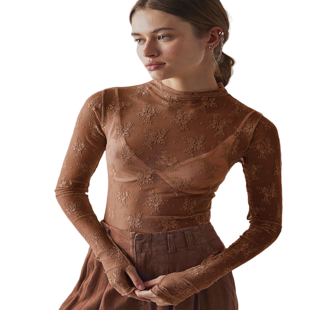 NOVY™ - Lace Mesh Long-Sleeve Fitted Blouse