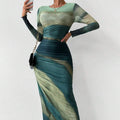 JULIA™ - Comfy Printed Long-Sleeve Round Neck Bodycon Maxi Dress
