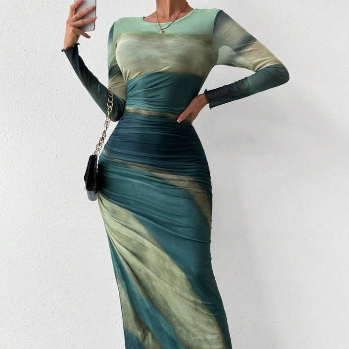 JULIA™ - Comfy Printed Long-Sleeve Round Neck Bodycon Maxi Dress