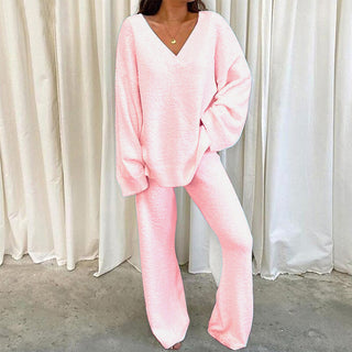 REBECCA™ - Women's 2-Piece Lounge Set Soft Chunky V-Neck Top & Wide-Leg Pants for Homewear