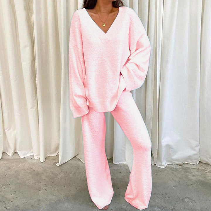 REBECCA™ - Women's 2-Piece Lounge Set Soft Chunky V-Neck Top & Wide-Leg Pants for Homewear