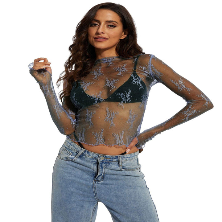 NOVY™ - Lace Mesh Long-Sleeve Fitted Blouse