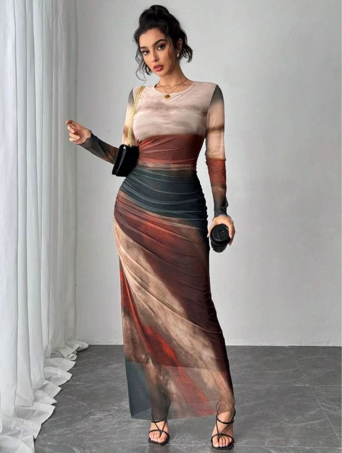 JULIA™ - Comfy Printed Long-Sleeve Round Neck Bodycon Maxi Dress