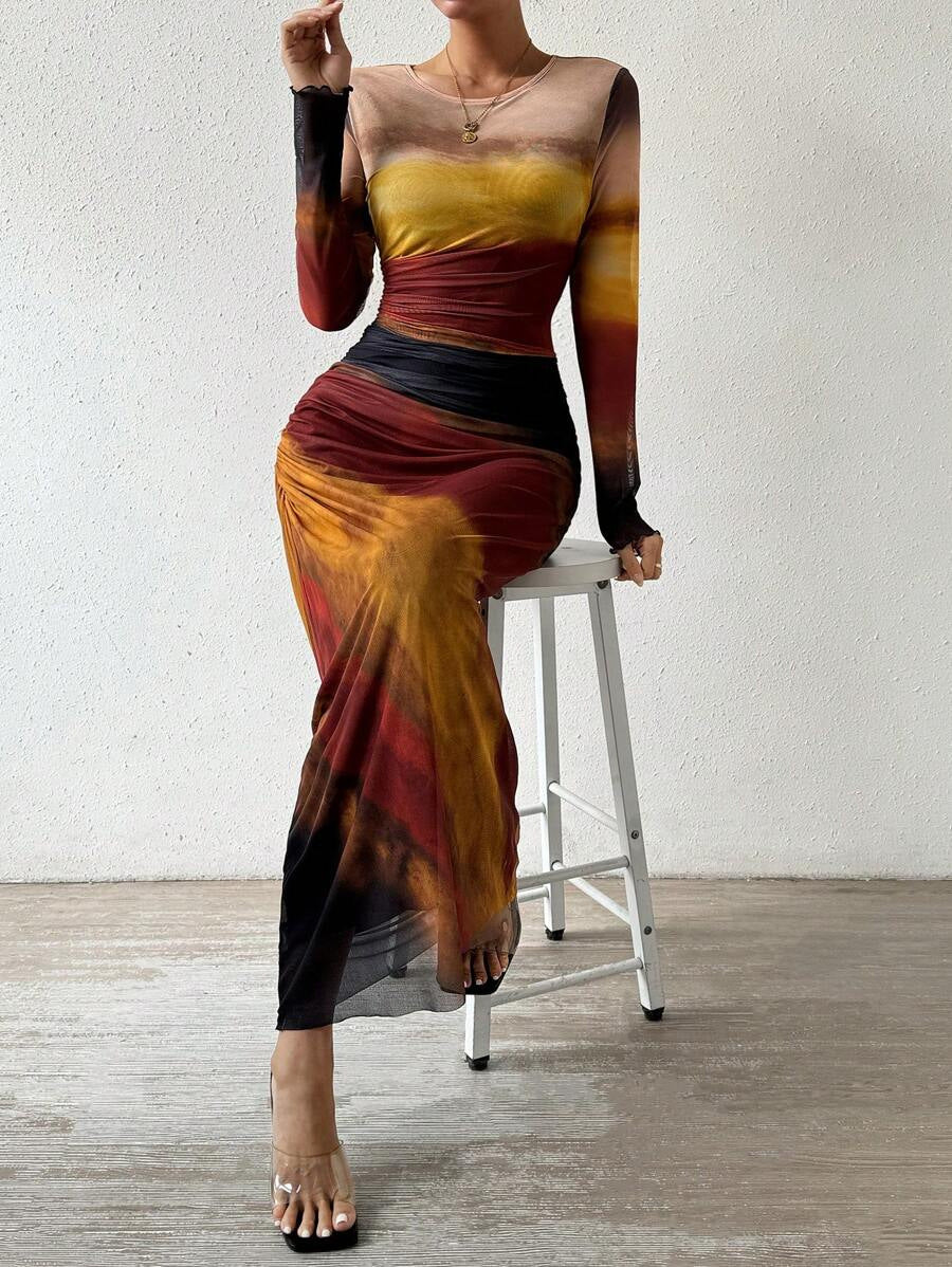 JULIA™ - Comfy Printed Long-Sleeve Round Neck Bodycon Maxi Dress