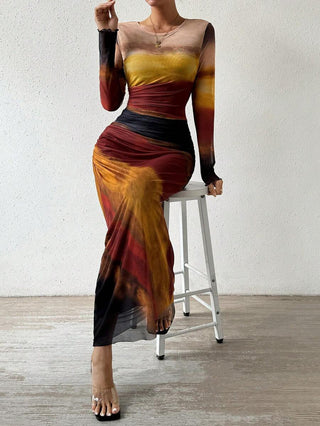 JULIA™ - Comfy Printed Long-Sleeve Round Neck Bodycon Maxi Dress