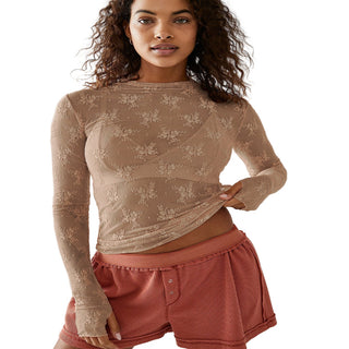 NOVY™ - Lace Mesh Long-Sleeve Fitted Blouse