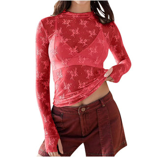 NOVY™ - Lace Mesh Long-Sleeve Fitted Blouse