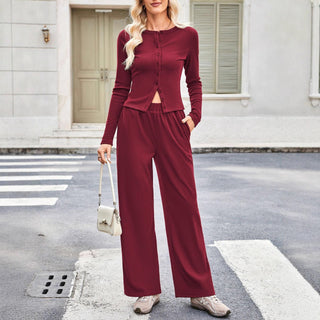 EMELY™ - Slim-Fit Long-Sleeve Round Neck Two-Piece Lounge Set
