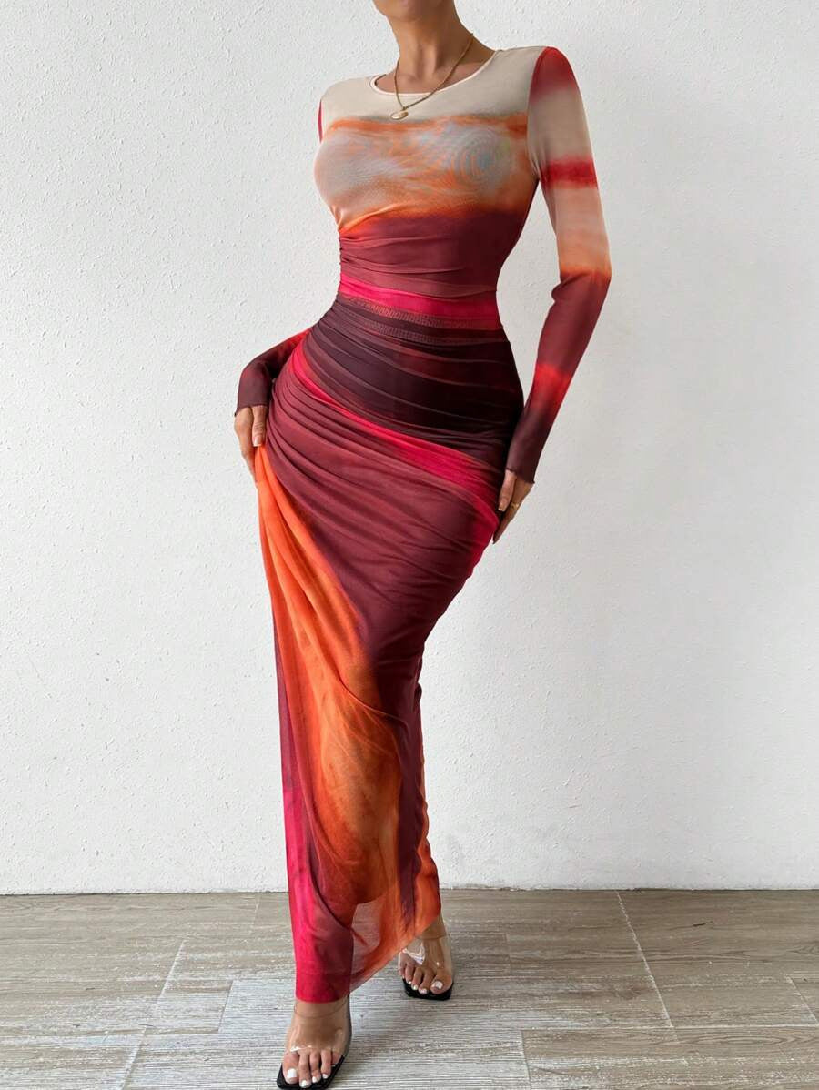JULIA™ - Comfy Printed Long-Sleeve Round Neck Bodycon Maxi Dress