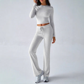 KUTIS™ - Casual Round Neck Crop Top and Drawstring High-Waist Pants Set