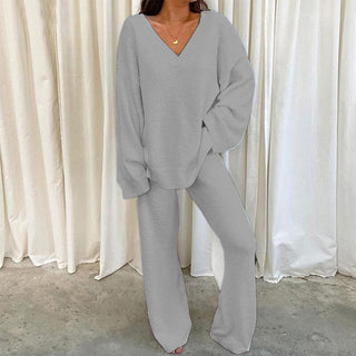 REBECCA™ - Women's 2-Piece Lounge Set Soft Chunky V-Neck Top & Wide-Leg Pants for Homewear