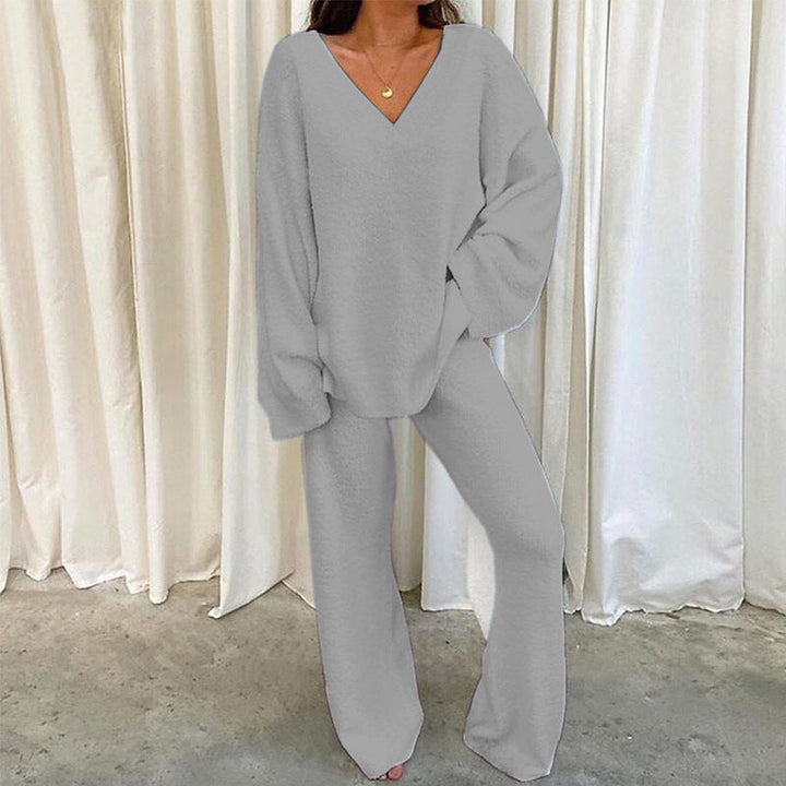 REBECCA™ - Women's 2-Piece Lounge Set Soft Chunky V-Neck Top & Wide-Leg Pants for Homewear