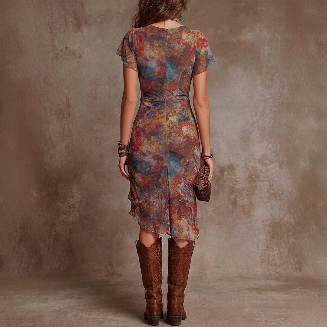 ELVIRA™ | Stylish Midi Dress BV-Neck Defined Waist Boho-Inspired Artistic Pattern