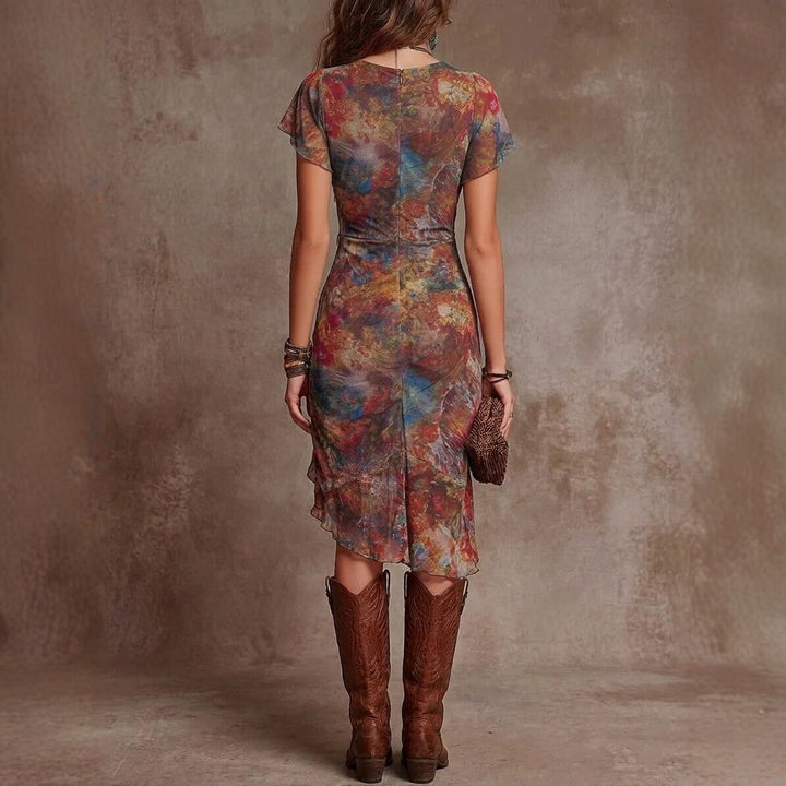 ELVIRA™ | Stylish Midi Dress BV-Neck Defined Waist Boho-Inspired Artistic Pattern