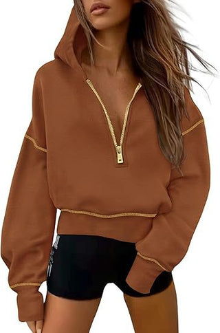 GRETEL™ - Cropped Hooded Pullover Sweatshirt with Zipper & Stitching Detail