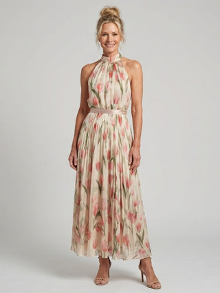 Aurelle - Floral Halter Pleated Maxi Dress