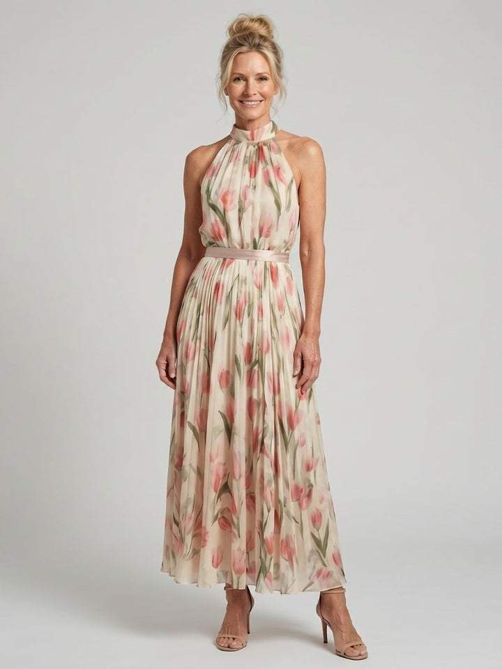 Aurelle - Floral Halter Pleated Maxi Dress