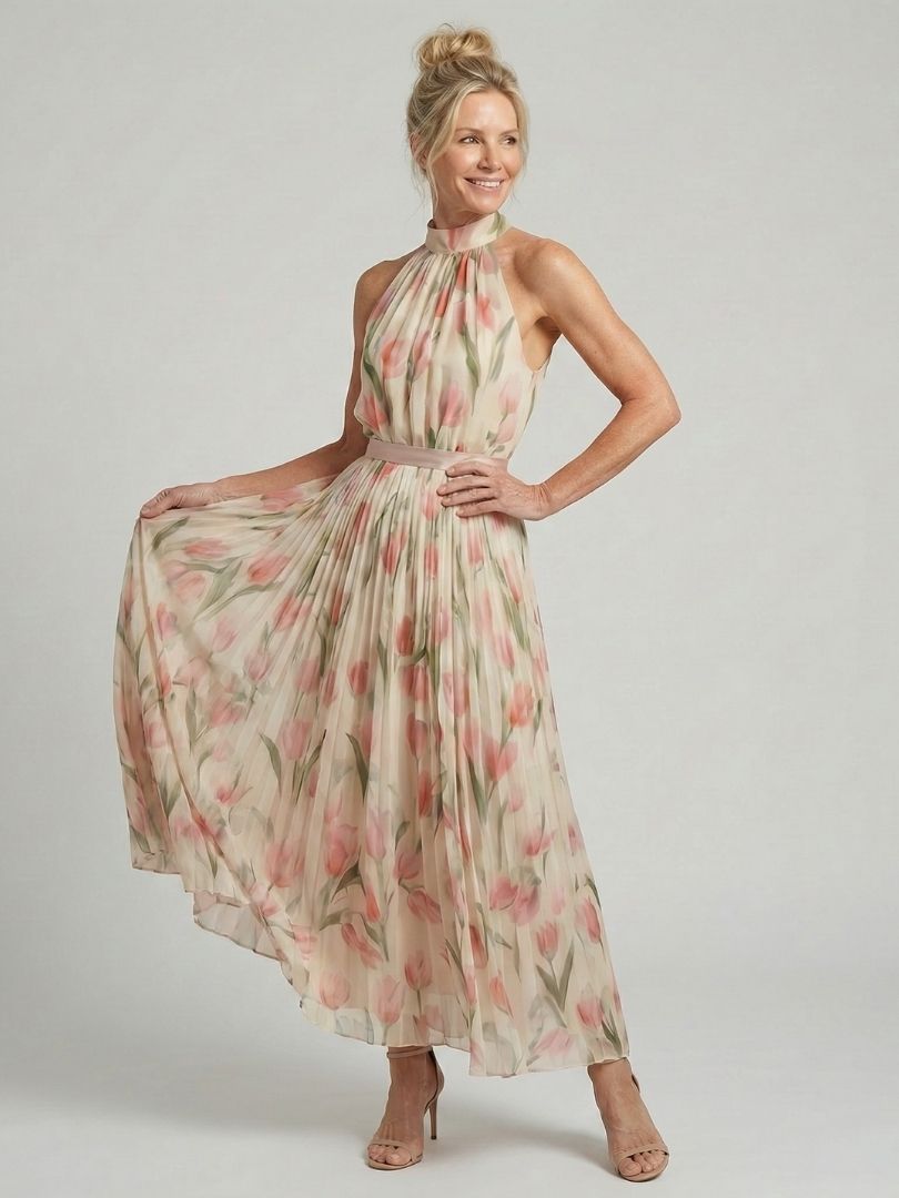 Aurelle - Floral Halter Pleated Maxi Dress