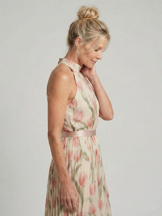 Aurelle - Floral Halter Pleated Maxi Dress