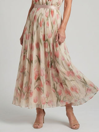Aurelle - Floral Halter Pleated Maxi Dress