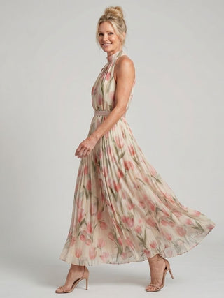 Aurelle - Floral Halter Pleated Maxi Dress