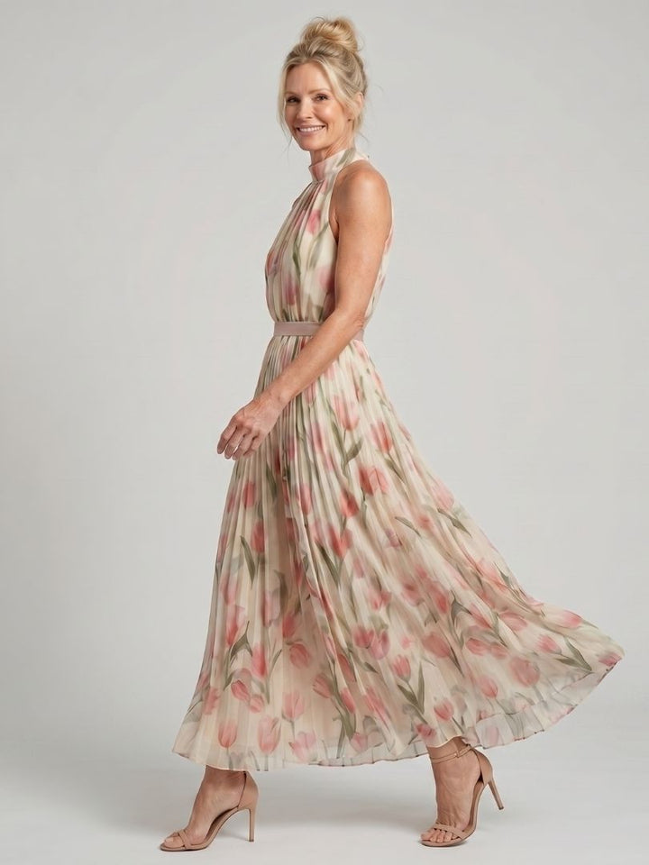 Aurelle - Floral Halter Pleated Maxi Dress