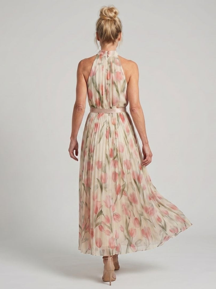 Aurelle - Floral Halter Pleated Maxi Dress