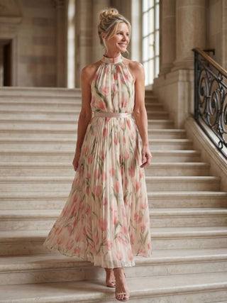 Aurelle - Floral Halter Pleated Maxi Dress