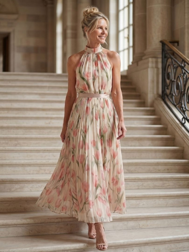 Aurelle - Floral Halter Pleated Maxi Dress