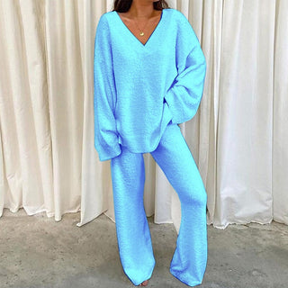 REBECCA™ - Women's 2-Piece Lounge Set Soft Chunky V-Neck Top & Wide-Leg Pants for Homewear