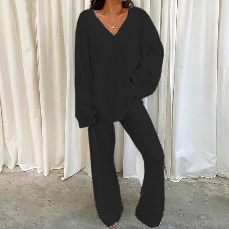 REBECCA™ - Women's 2-Piece Lounge Set Soft Chunky V-Neck Top & Wide-Leg Pants for Homewear