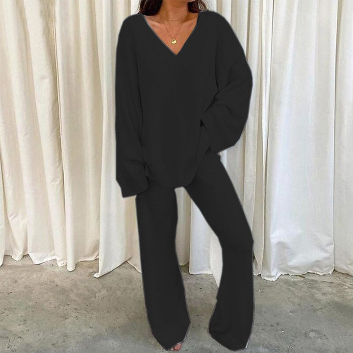 REBECCA™ - Women's 2-Piece Lounge Set Soft Chunky V-Neck Top & Wide-Leg Pants for Homewear