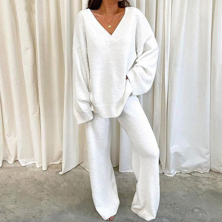 REBECCA™ - Women's 2-Piece Lounge Set Soft Chunky V-Neck Top & Wide-Leg Pants for Homewear