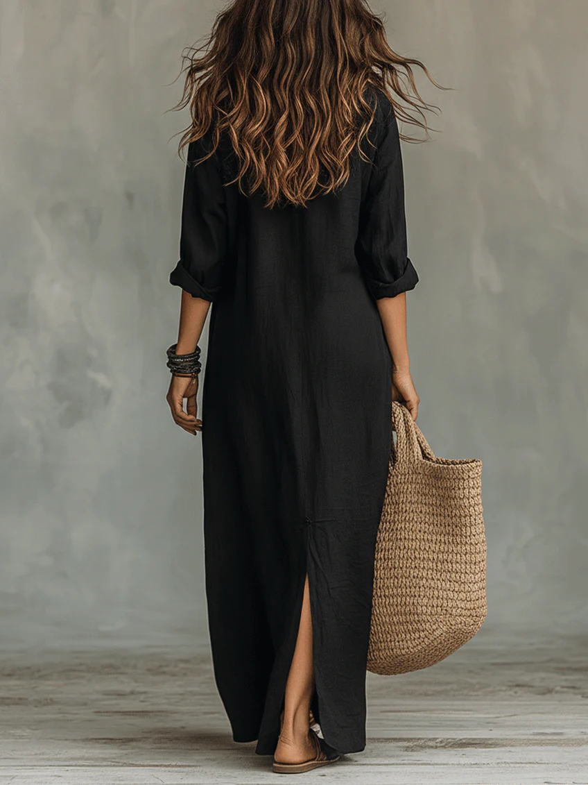 SOLINE™ | Loose Black Maxi Dress with Buttons