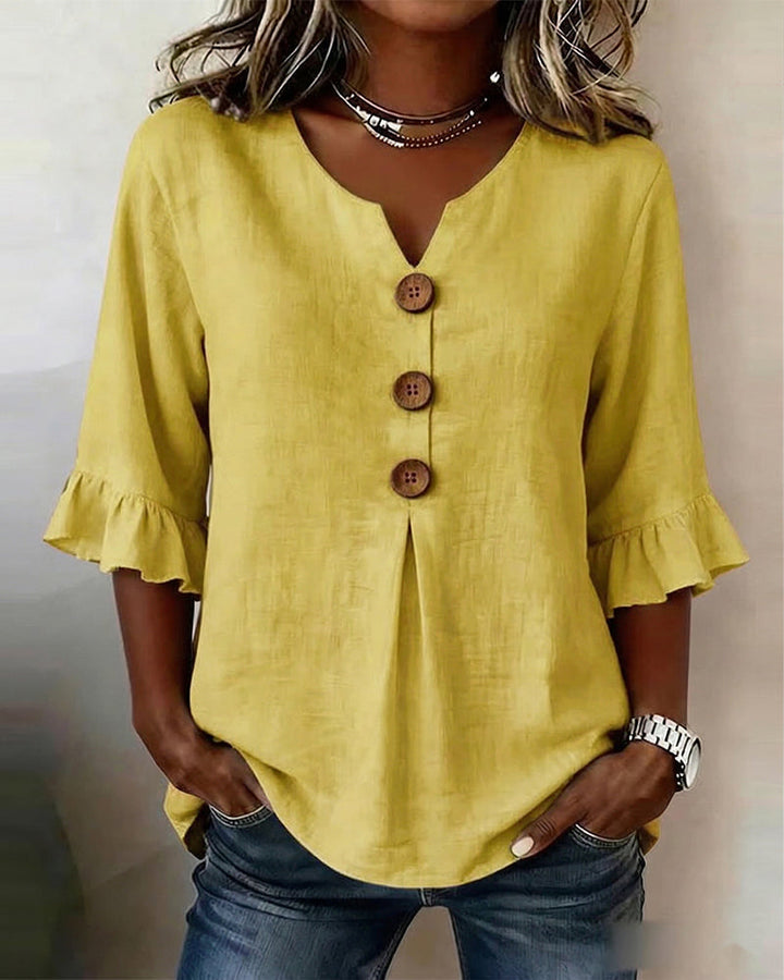Mariana | V-Neck Blouse with Wooden Buttons and Ruffled Sleeves