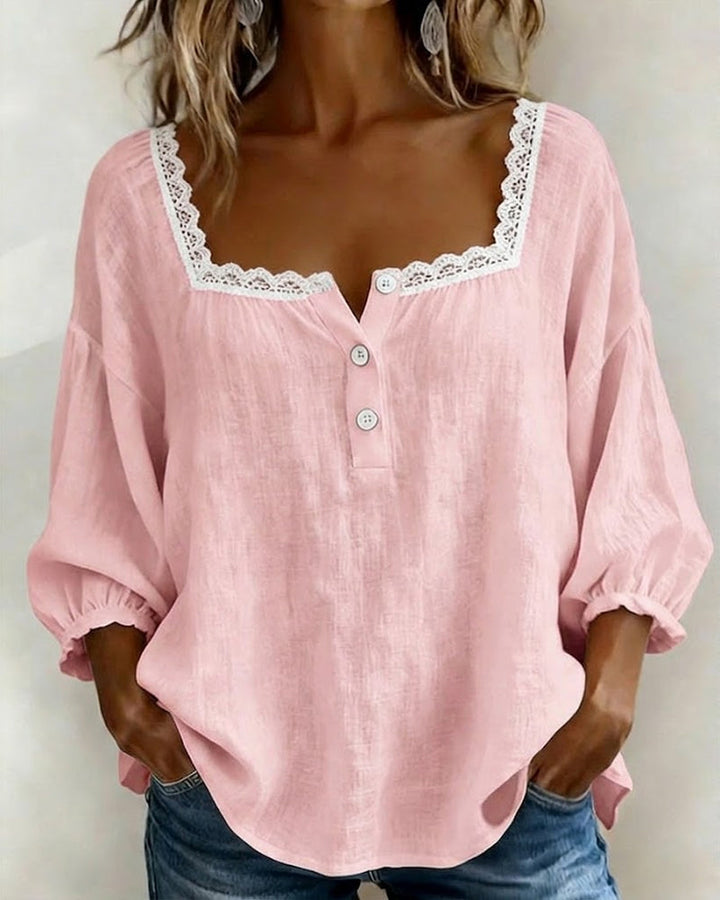 Eva | Lace Blouse with Square Neck and Puff Sleeves