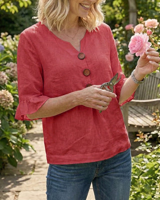Mariana | V-Neck Blouse with Wooden Buttons and Ruffled Sleeves