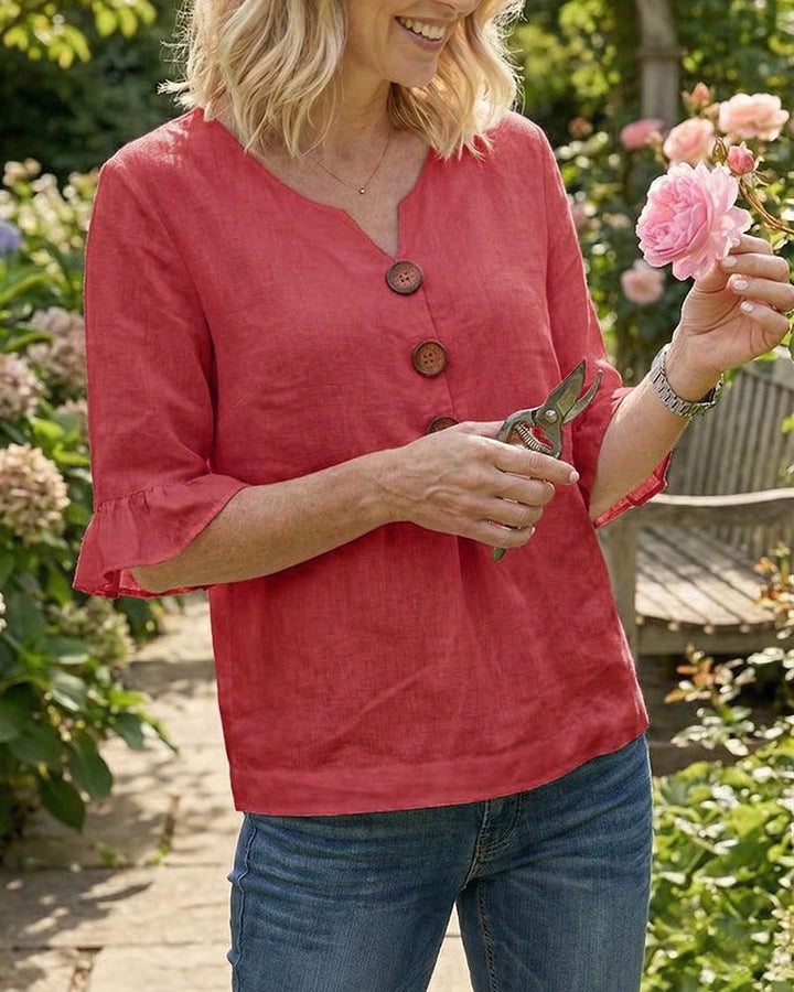 Mariana | V-Neck Blouse with Wooden Buttons and Ruffled Sleeves