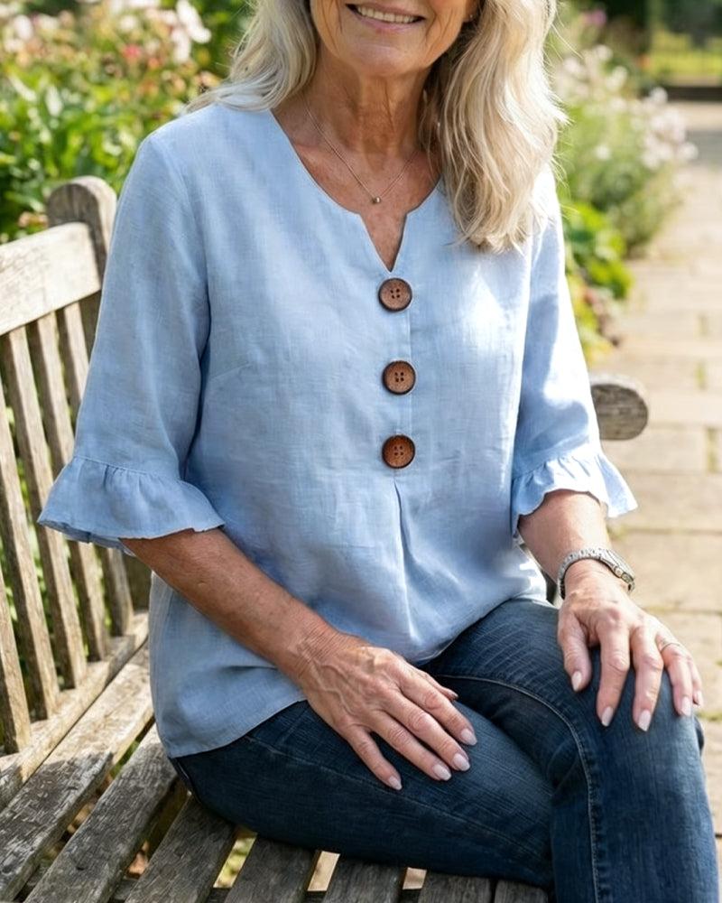 Mariana | V-Neck Blouse with Wooden Buttons and Ruffled Sleeves